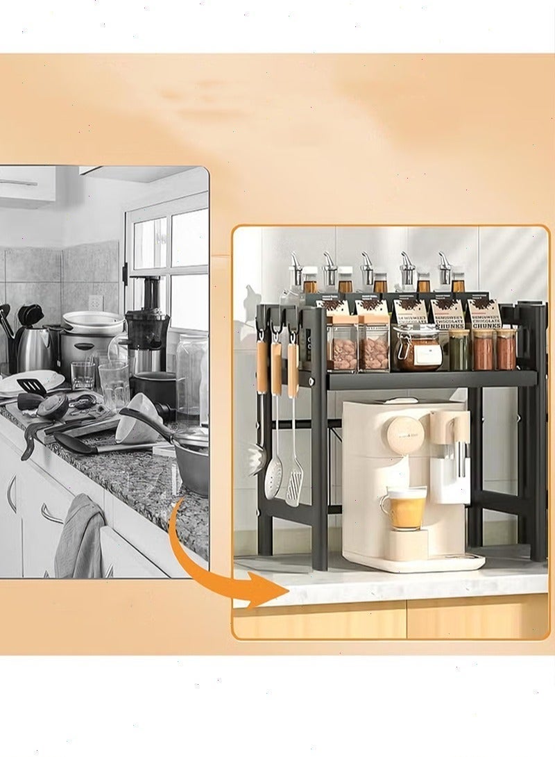 Yoawllty Microwave Oven Rack, Table Top Kitchen Rack, Toaster Shelf with 6 Hooks Heavy Duty Stand, 55lbs Weight Capacity (Black) - Image 2